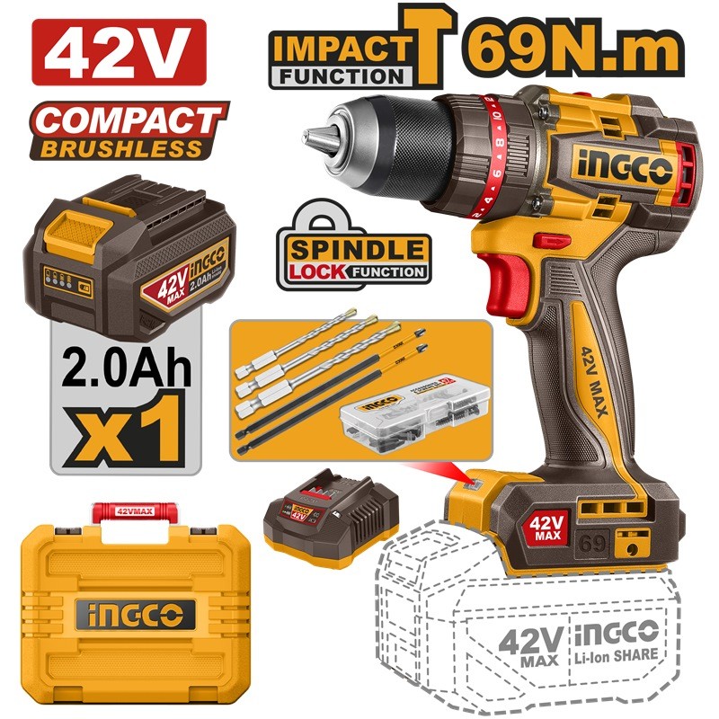 INGCO 42V BL COMPACT IMPACT DRILL 69NM 1X2.0AH