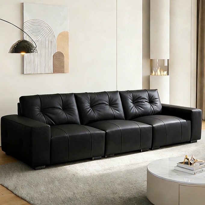 意式极简真皮沙发客厅简约小户型头层牛皮黑色直排皮艺沙发
