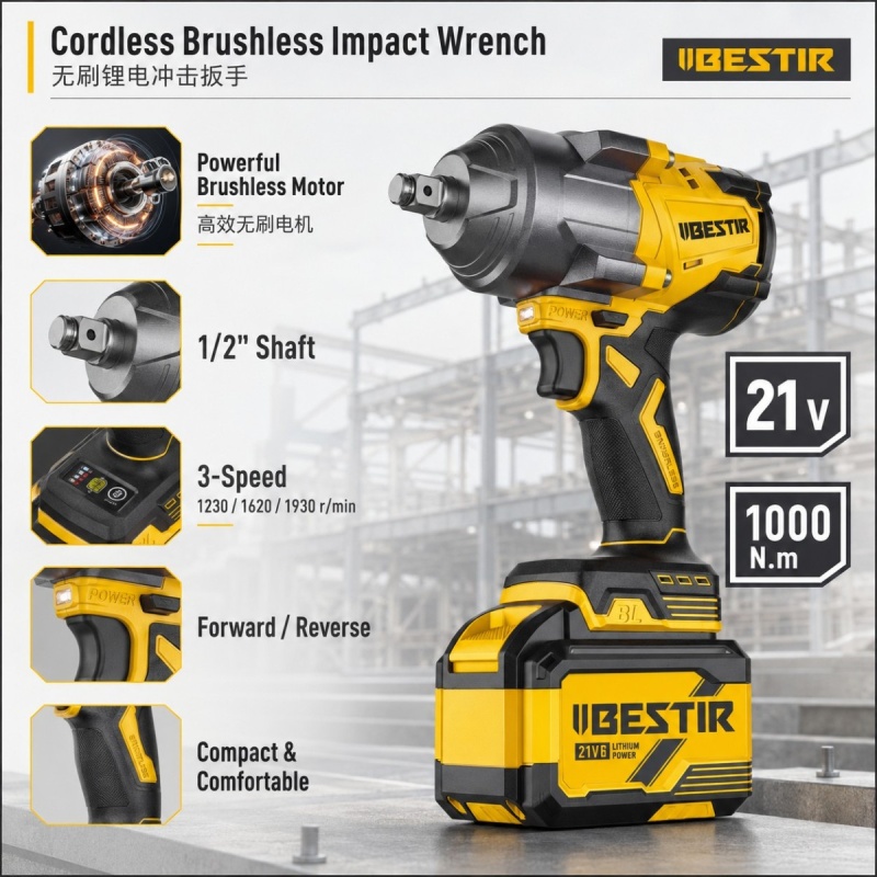 21V 1000N·m Brushless Impact Wrench – 1 SET